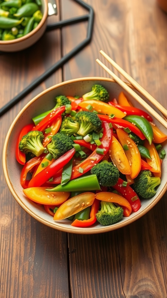 A vibrant bowl of vegan stir-fry with broccoli, bell peppers, and snap peas, garnished with sesame seeds and green onions.